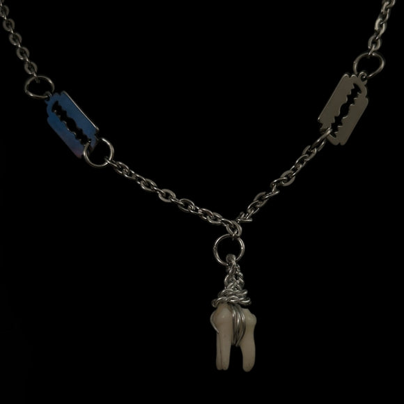 Steel Double Razor Raccoon Tooth Necklace #N16