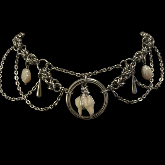 Steel Deer Tooth + Freshwater Pearl Choker
