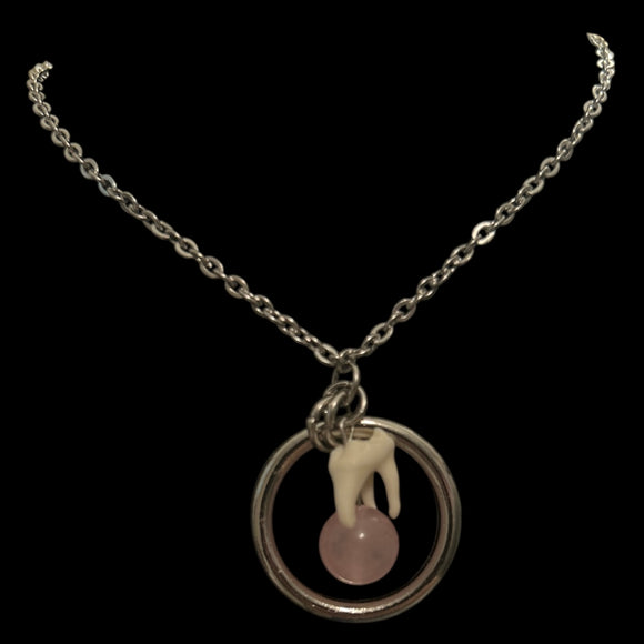 Steel Raccoon Tooth + Rose Quartz Necklace #N23